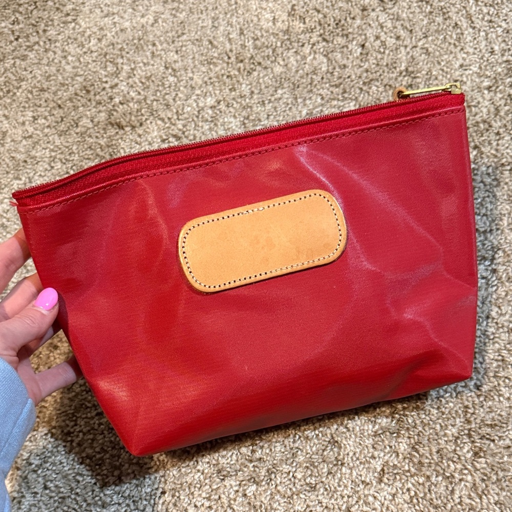 Jon Hart Design Red Cosmetic Pouch with Tan Leather Patch